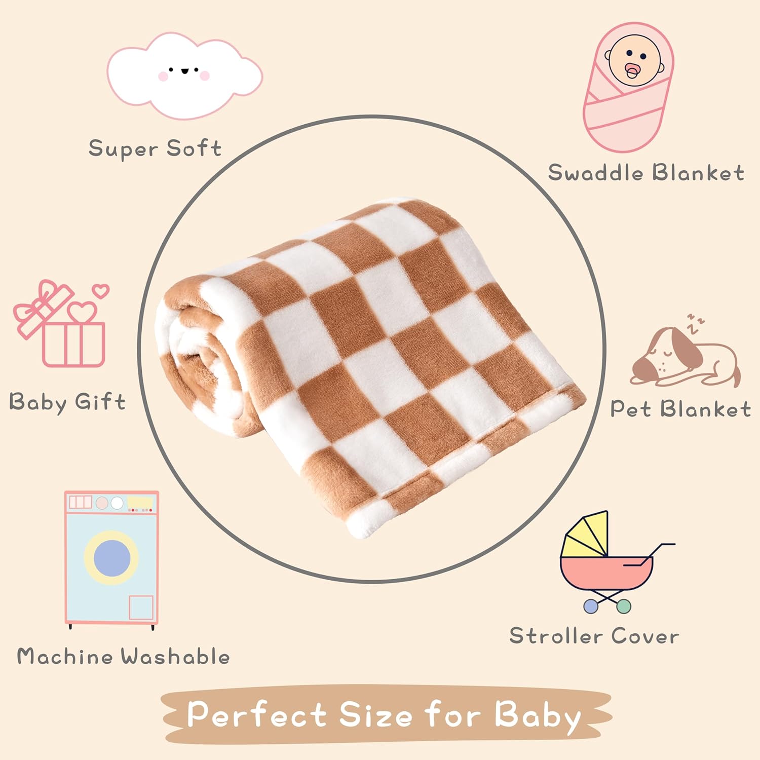 Yurhap Checkered Baby Blanket - Super Soft Fleece for Infants & Toddlers | 30''x40'', Khaki