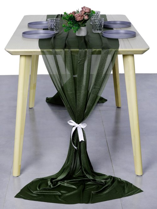 MDS 1 Pack 14ft Chiffon Table Runner 29 x170 Inches Sheer Wedding Runner Romantic Rustic Table Runner for Wedding Decorations, Birthday Parties, Bridal Shower Party Arch Decor - Olive Green