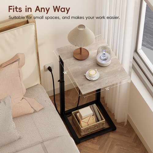 Vagusicc C Shaped End Table with Charging Station, Adjustable Height Side Table for Couch, C Table End Table Couch Table That Slide Under, Sofa Table TV Tray Arm Tables for Living Room, Bedroom, Gray