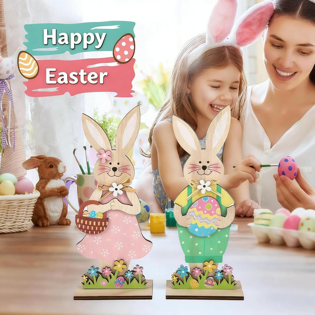 Skiennix Easter Wooden Bunny Tabletop Decorations - Colorful Standing Rabbit Figurines | Spring Centerpiece