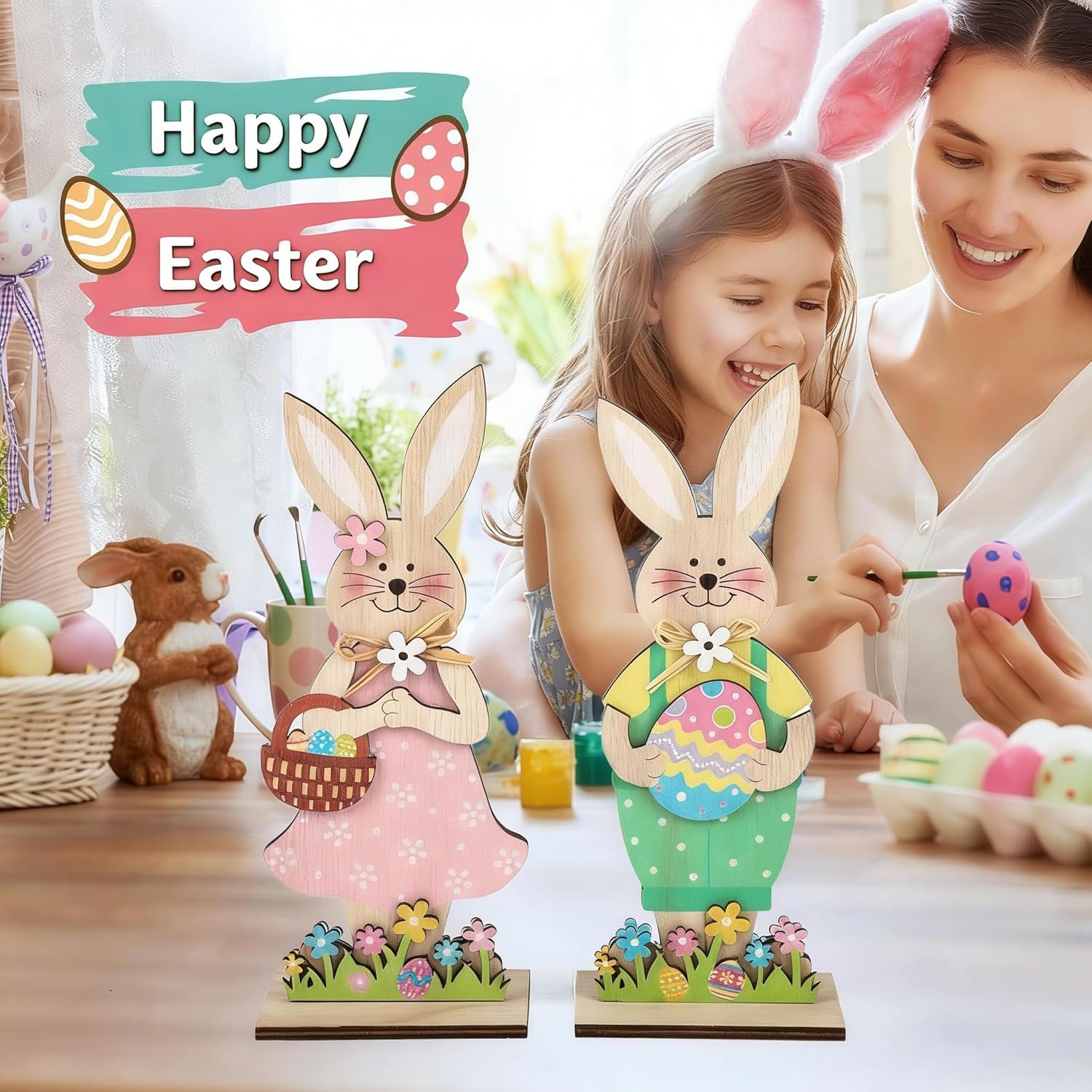 Skiennix Easter Wooden Bunny Tabletop Decorations - Colorful Standing Rabbit Figurines | Spring Centerpiece