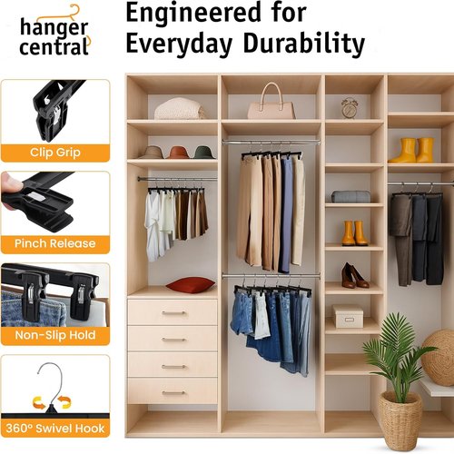Hanger Central 12 Inch Slim Pants Hangers - Heavy Duty Non-Slip Clips for Skirts & Shorts | Black 12 Pack