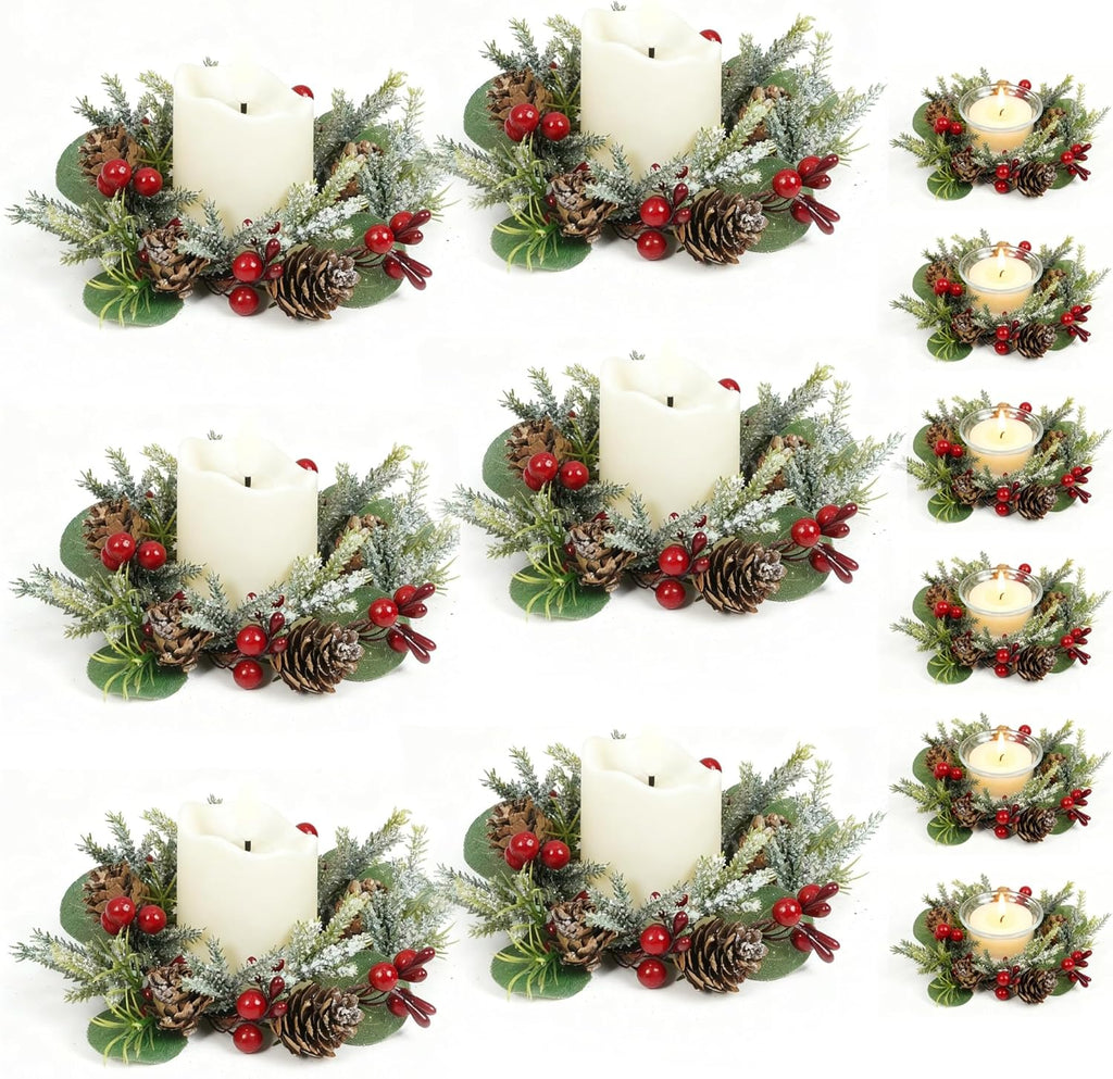 Skiennix Christmas Candle Rings - Mini Wreaths with Snowy Pinecone & Red Berry - Set of 6 (Red)