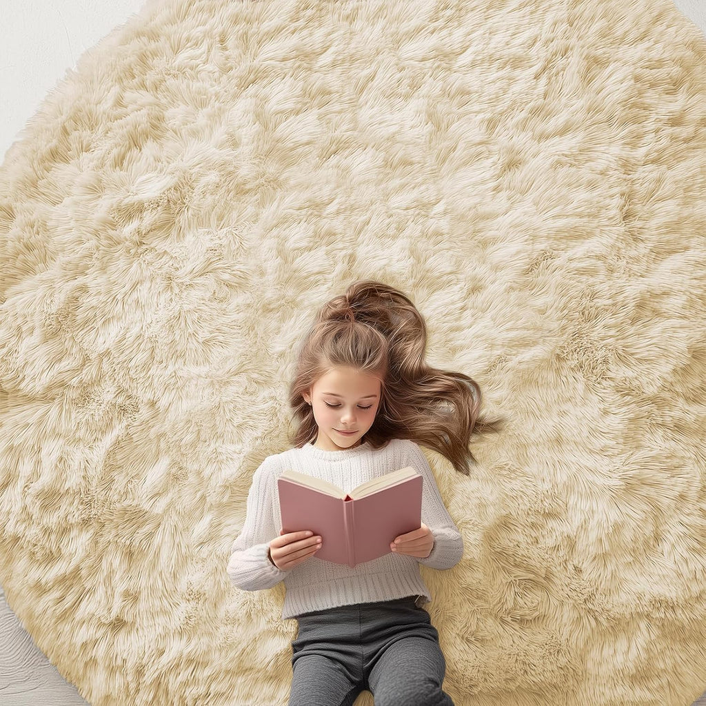 OLANLY Round Cream Area Rug - Soft, Fluffy, Machine Washable 7 ft Circle Carpet for Bedroom & Living Room