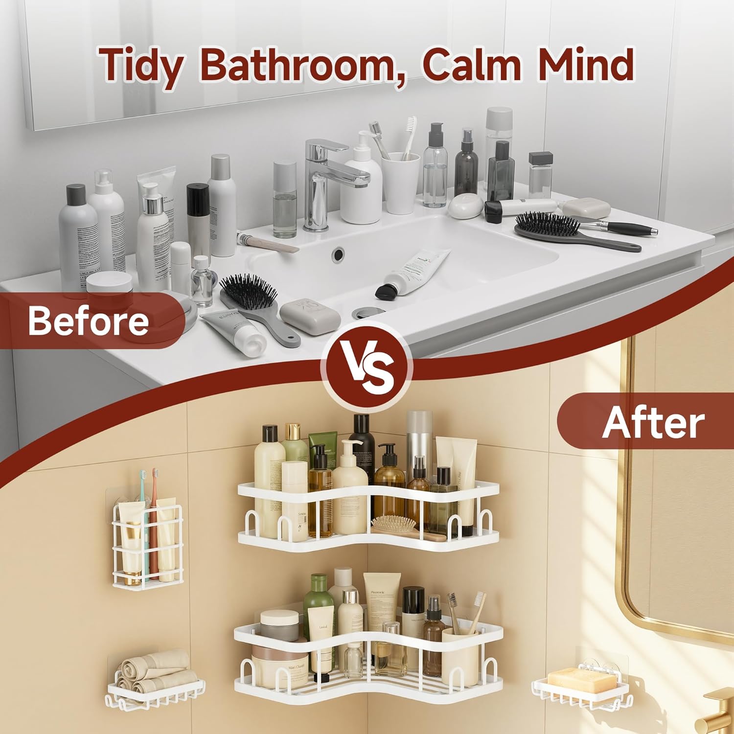 Veken Corner Shower Caddy 5-Pack - Advanced Rustproof Design | No Drilling Adhesive Shelves, Large Capacity White Bathroom Organizer