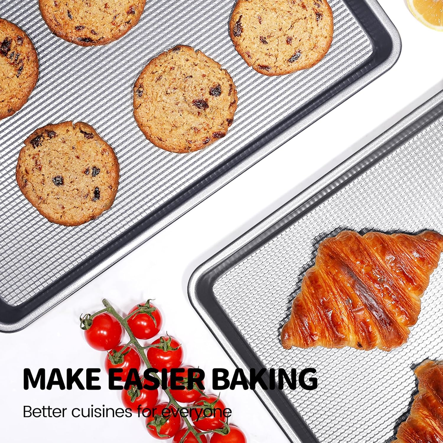 Vinino Baking Sheet Set - Non-Stick Carbon Steel Cookie Sheets with Square Texture | 3-Piece Grey Set