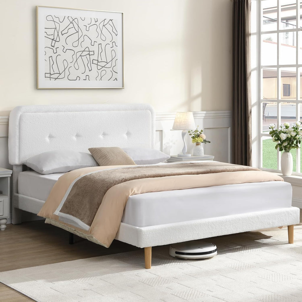 Skiennix Full Size Cloud Bed Frame - Adjustable Upholstered Headboard, Modern Boucle Fabric, Easy Assembly (White)