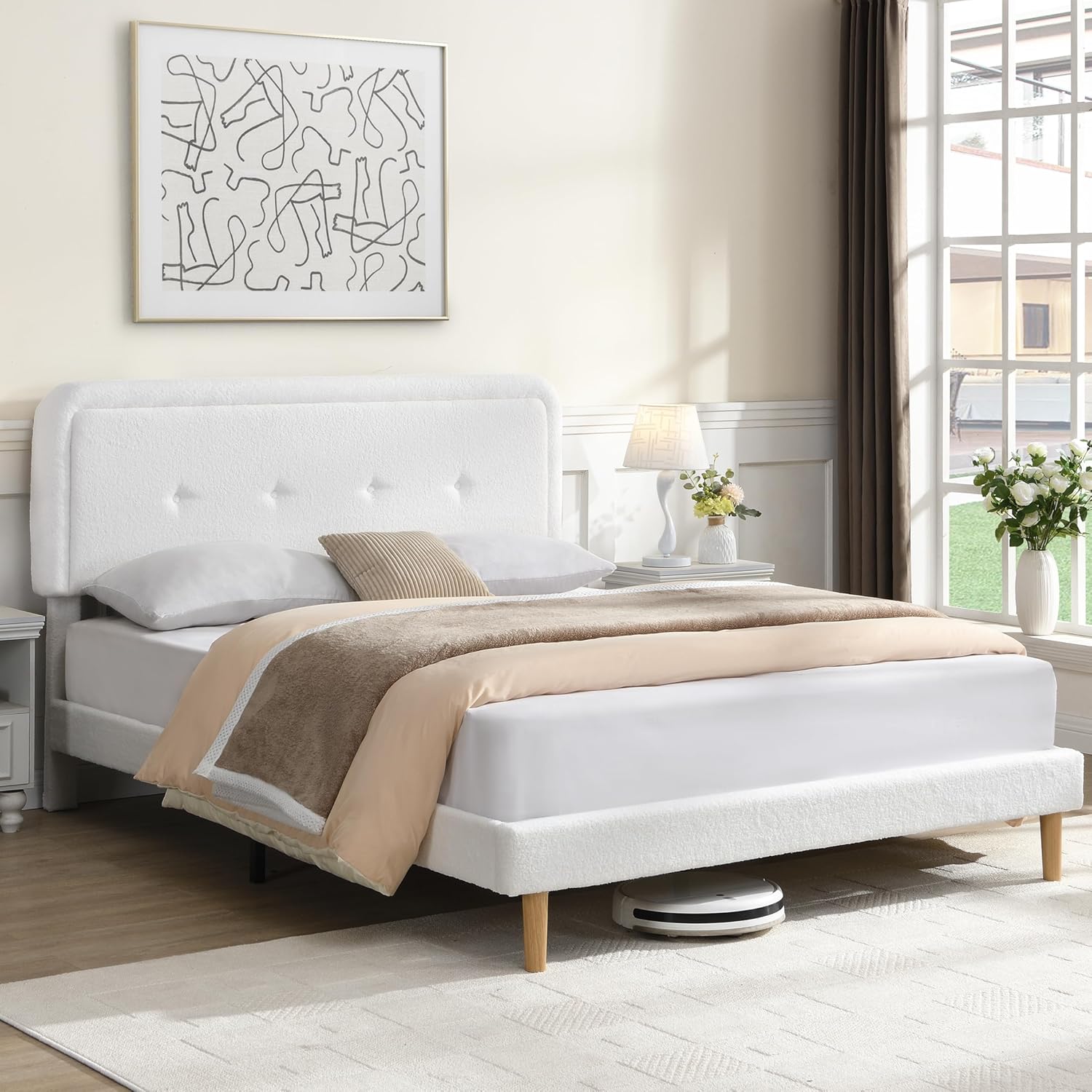 Skiennix Full Size Cloud Bed Frame - Adjustable Upholstered Headboard, Modern Boucle Fabric, Easy Assembly (White)