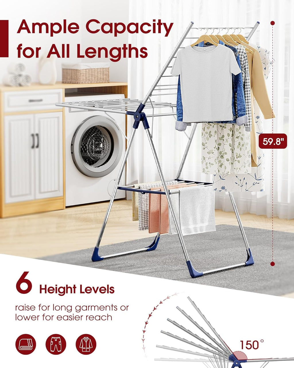 Sakugi Clothes Drying Rack - Height-Adjustable Metal Laundry Dryer Stand | Free-Standing & Collapsible, 55.5" L × 22.8" W, Silver Blue