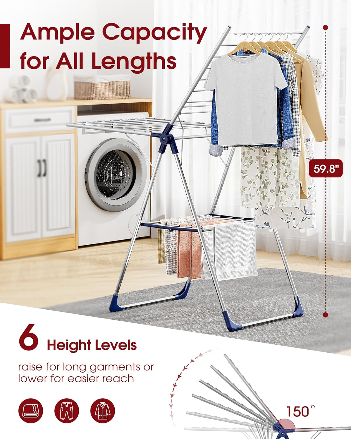 Sakugi Clothes Drying Rack - Height-Adjustable Metal Laundry Dryer Stand | Free-Standing & Collapsible, 55.5" L × 22.8" W, Silver Blue