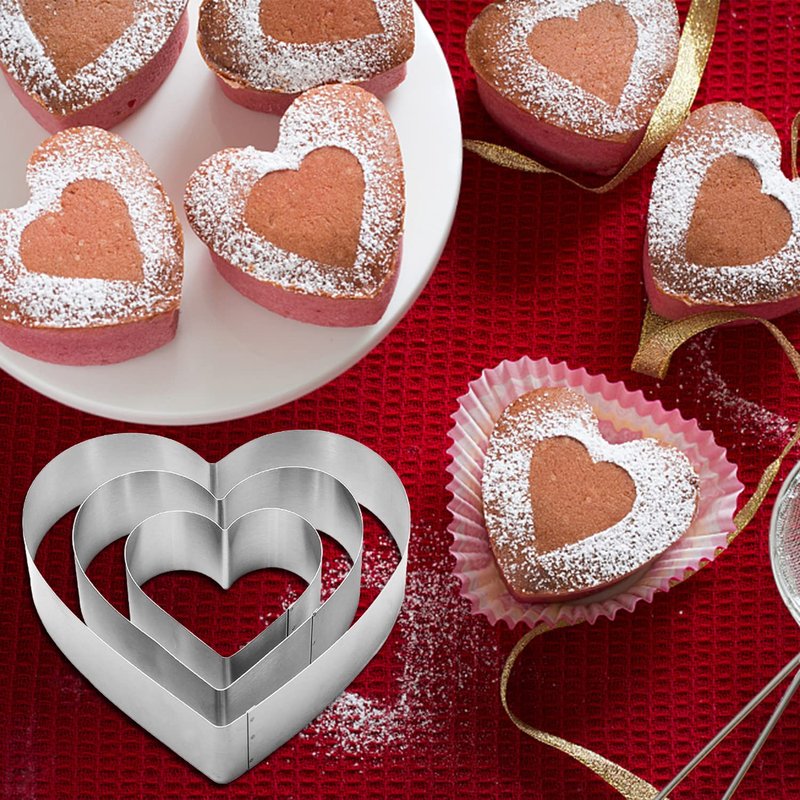 QEEYON 3PCS Heart Cookie Cutter Set, 4" 6" 8" Stainless Steel Sandwiches Cutter DIY Heart Cake Cutter Cake Molds Ring Set Mousse Mold Biscuit Cutter Valentines Cookie Cutters Pastry Cutters