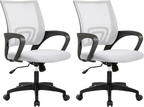 BestOffice Ergonomic Office Chair - Mid-Back Swivel Design with Breathable Backrest & Lumbar Support - Adjustable Height & Rolling Wheels - White - Pack of 2