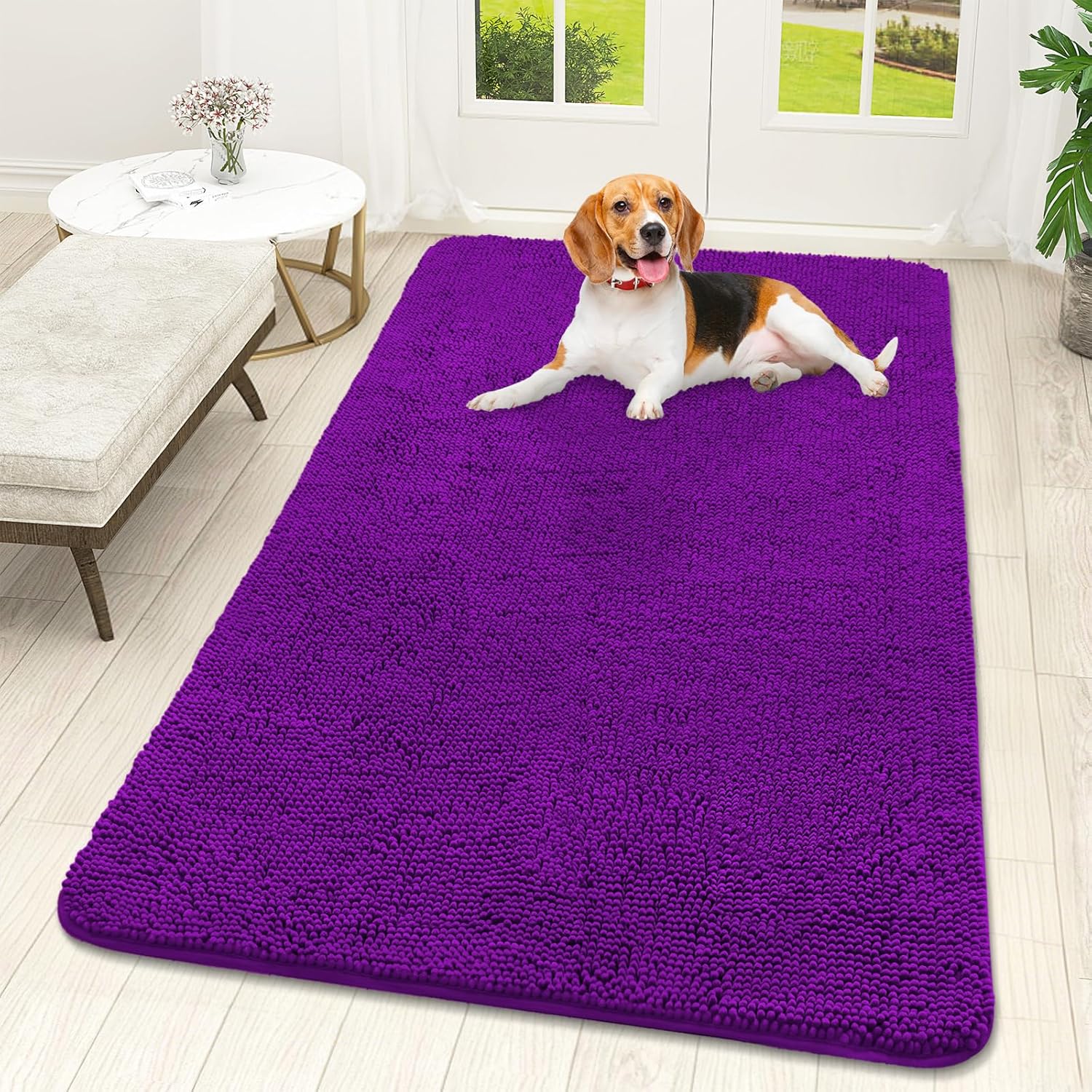 OLANLY Dog Door Mat - Absorbent Non-Slip Chenille for Muddy Paws | 59x32 Inches, Quick Dry, Purple