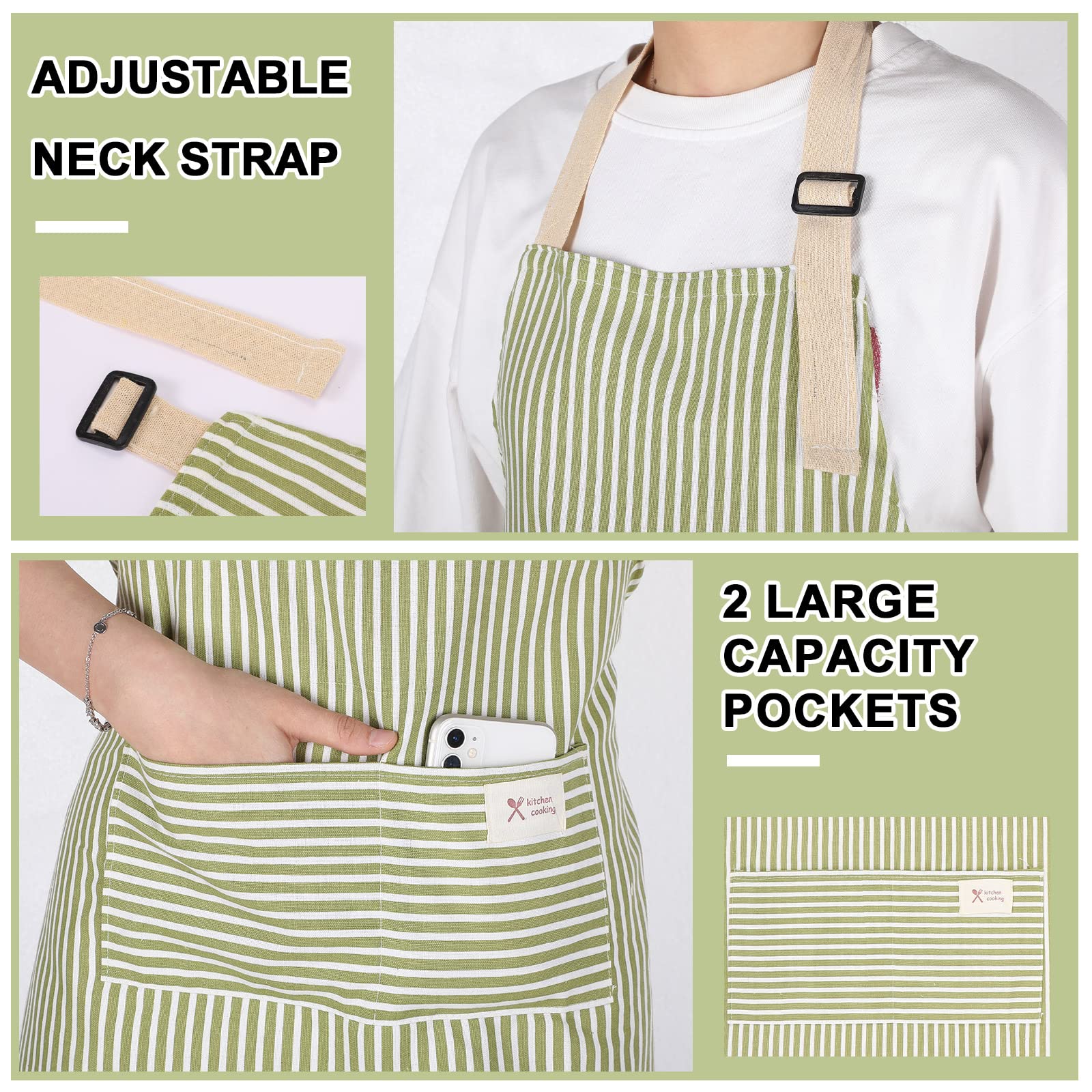 Janmercy 24 Pcs Aprons for Women Men with 2 Pockets Linen Cooking Kitchen Apron Adjustable Bib Chef Apron Bulk Aprons Unisex(Brown/green,Thin Stripes)