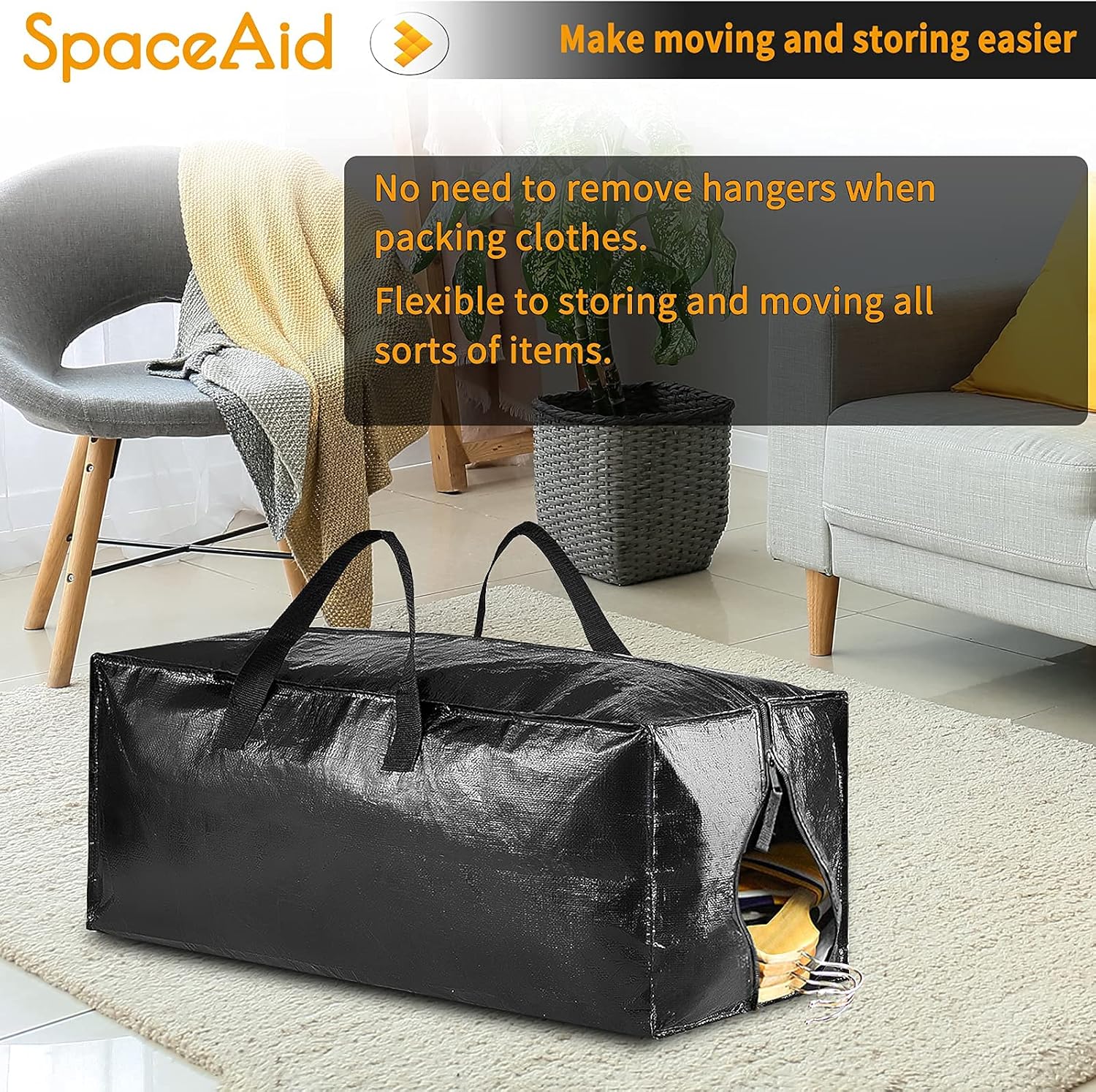 SpaceAid Heavy Duty Moving Bags - Extra Large Storage Totes with Backpack Straps & Strong Handles | Black (4 Pack)