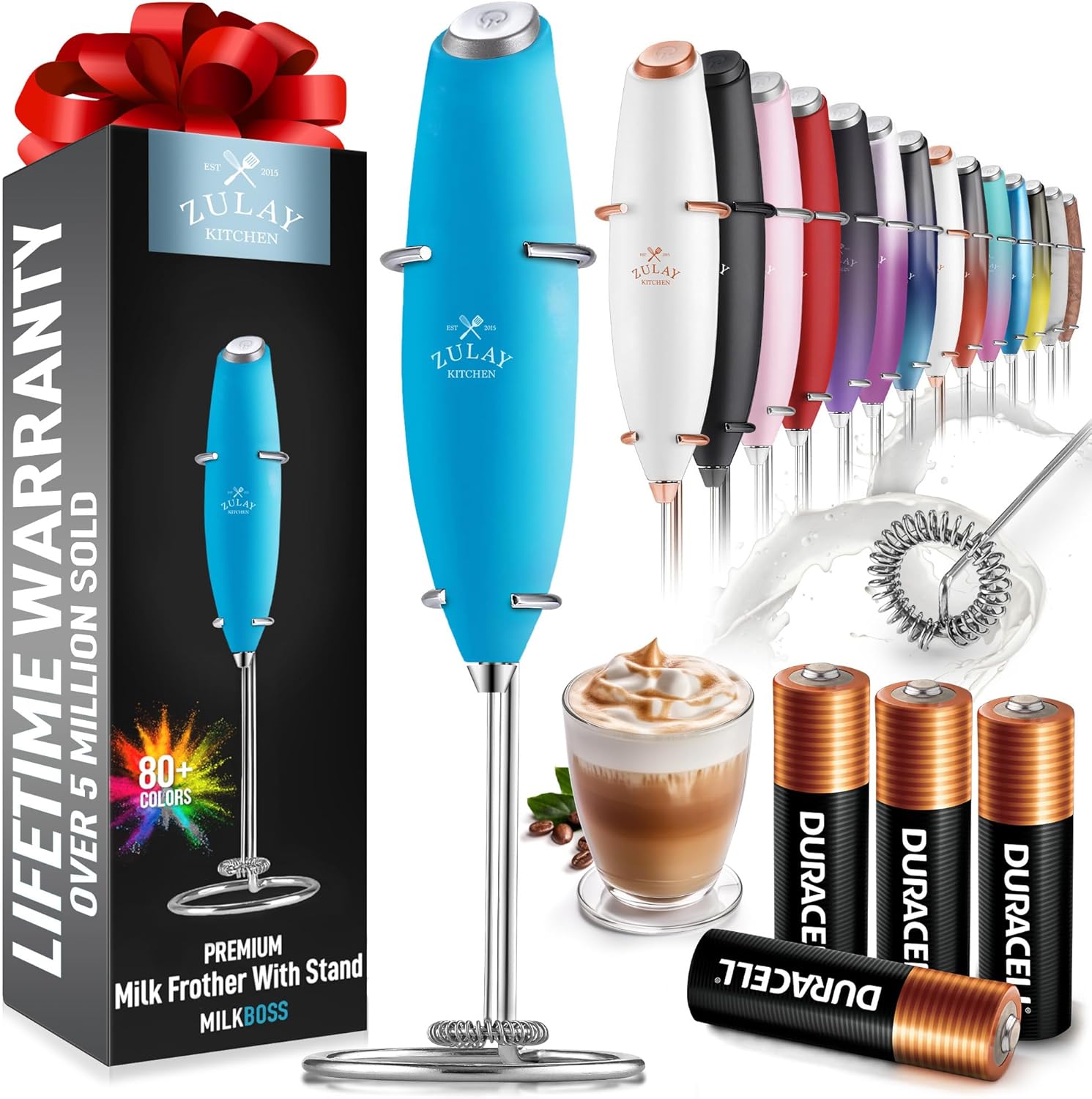 Zulay Kitchen Milk Frother Wand - Ultra Fast Handheld Electric Whisk for Coffee & Lattes - Blue Teal
