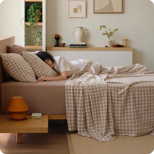 Bedsure 100% Washed Cotton Percale Sheets - Soft Gingham Queen Set with 18" Deep Pockets, Breathable Comfort
