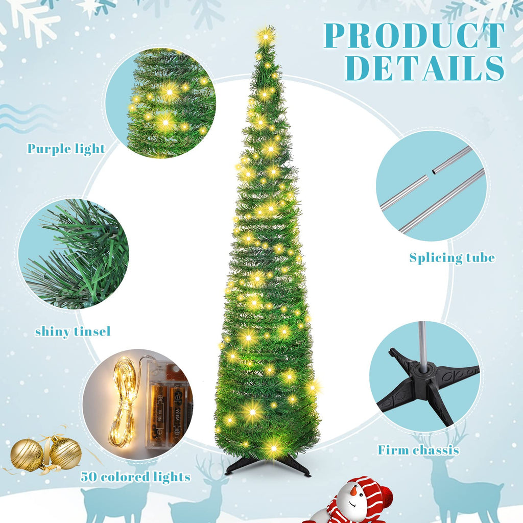 HyDren 2 Pack 5 ft Pop up Christmas Trees with Pre Lit Lights Artificial Pull up Christmas Tree PVC Collapsible Xmas Slim Tree with String Light for Home Xmas Party Decorations Install