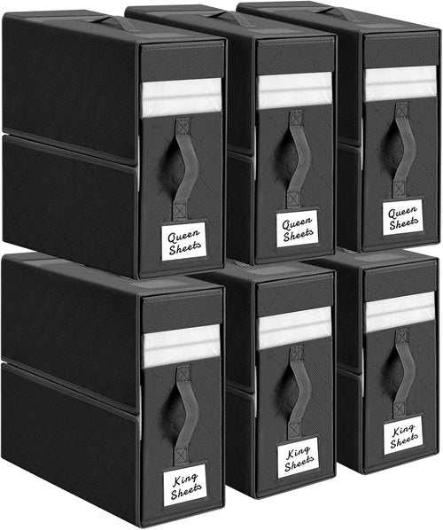 Homsorout Bed Sheet Organizers - Foldable Linen Storage with Window & Labels | XL Black 6-Pack for Bedding
