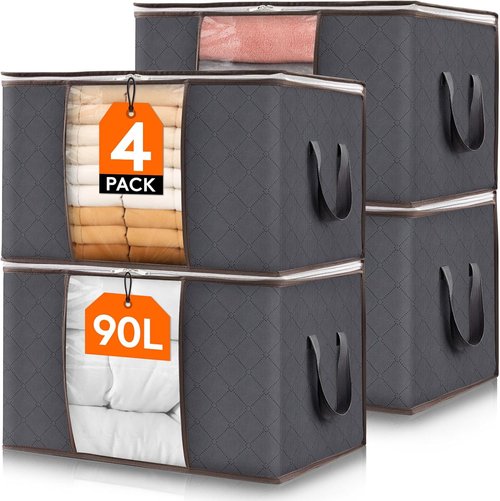 Lifewit 90L Clothes Storage Bins - 4 Pack Foldable Bags with Lids, Zippers & Clear Windows