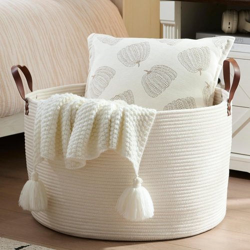 Luxury Nursery Storage Basket - 100% Cotton Rope, Extra Large 22 x 22 x 14 Inches | Off White with Leather Handles for Toys, Blankets & More