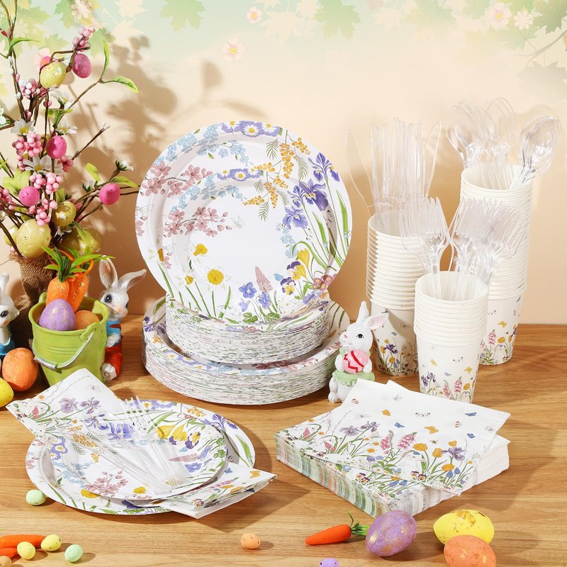 FillTouch 350 Pcs Spring Floral Party Decoration Paper Plates Disposable Tableware Napkins Cups Knives Forks Spoons for 50 Guests Floral Baby Shower Party Tableware for Birthday