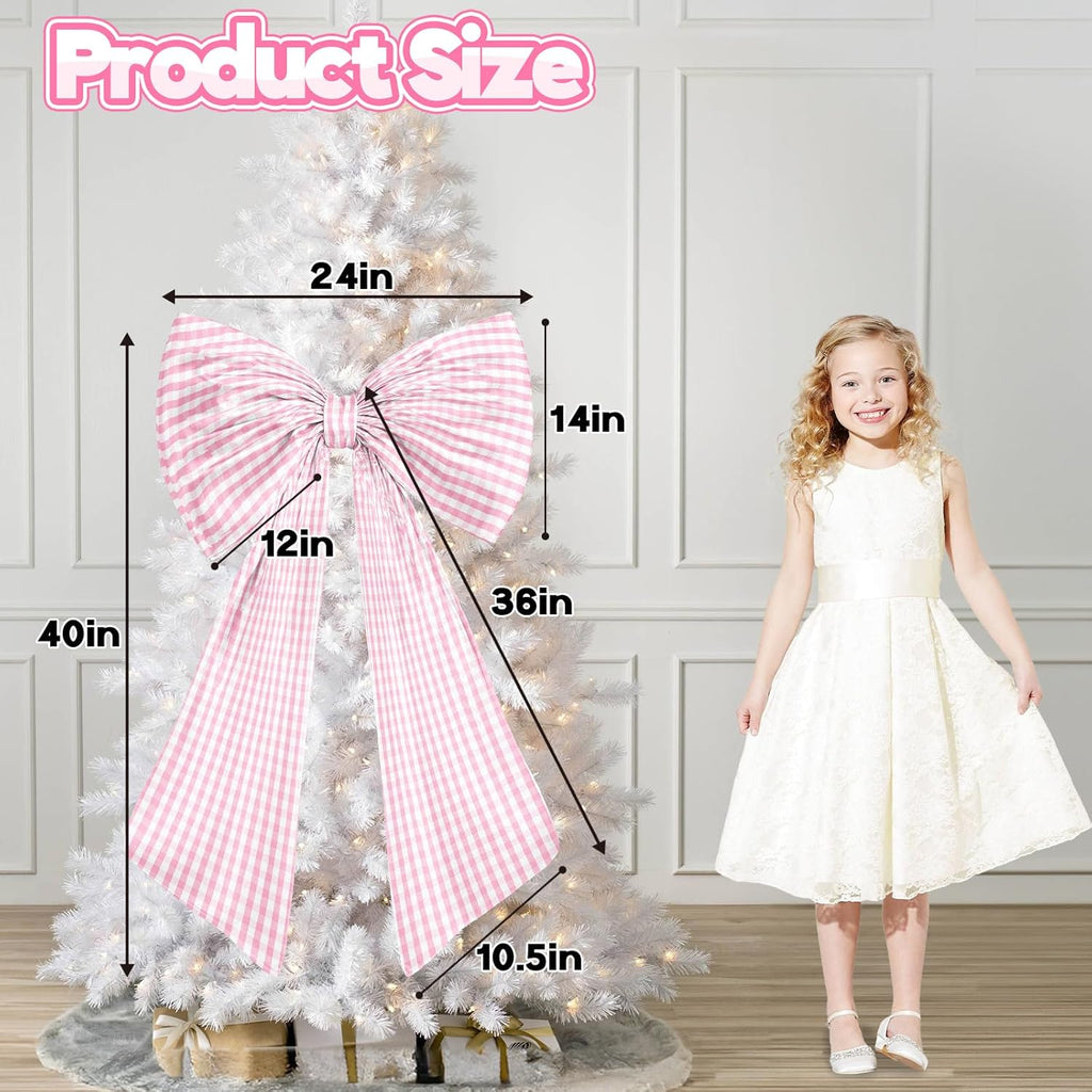 Skiennix Giant Pink & White Checkered Bow - Perfect for Girls' Birthday Party Decor | Textured Cotton, Large Size