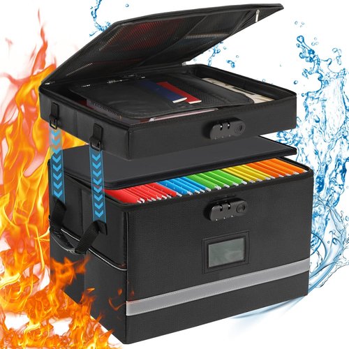 EXLIFBAG Fireproof Document Organizer Box - Portable 2-Layer File Storage with Lock & Handle