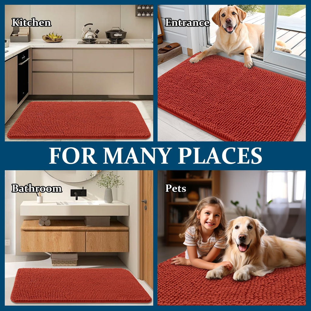 OLANLY Dog Door Mat - Absorbent Non-Slip Washable Chenille Mat for Muddy Paws | 30x20, Maple Red