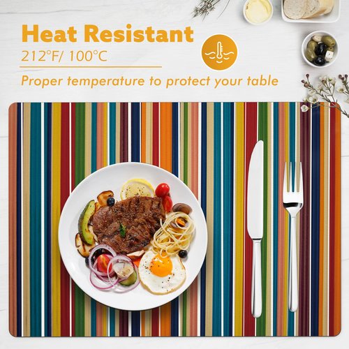Colorful Stripes Placemats Set of 4, Rainbow Vertical Stripe Faux Leather Heat Resistant Non-Slip Wipe Clean Waterproof Table Place Mats Set for Indoor Outdoor Kitchen Dining Table, 17" x 12"