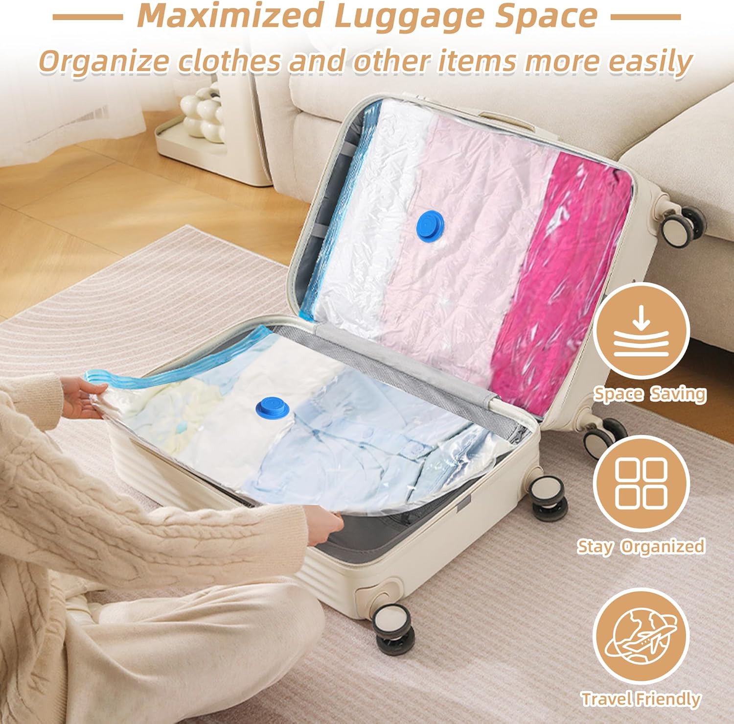 Skiennix Travel Vacuum Bags - 6 Pack Compression Storage Bags with Rechargeable Pump | Space Saver for Clothing