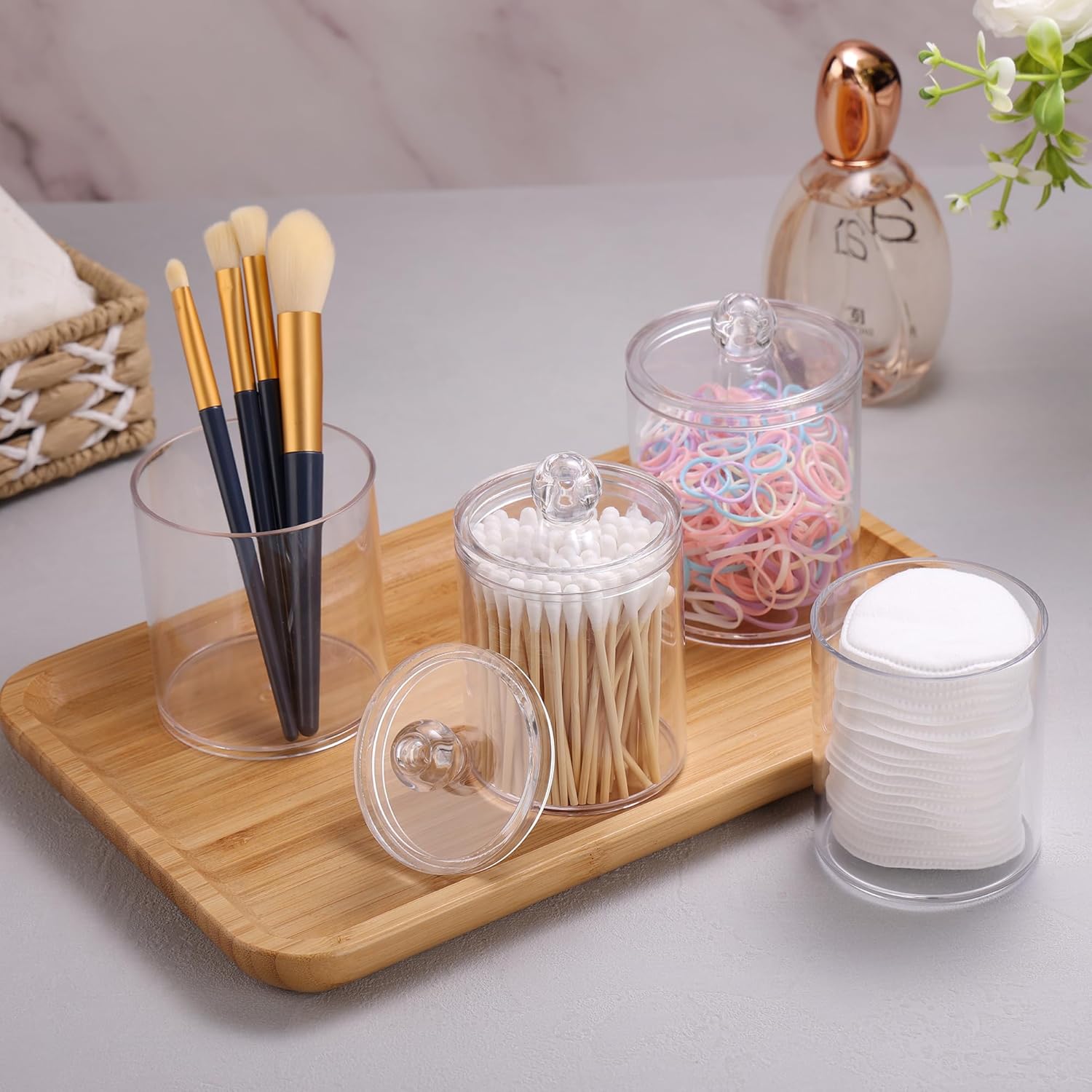 WEISHI Qtip Holder Dispenser - 6 Pack Clear Plastic Apothecary Jars for Bathroom Storage & Organization
