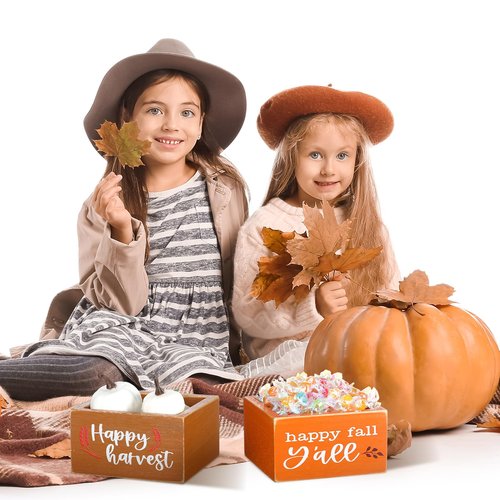 Colingmill 2 Pcs Thanksgiving Candy Dish Mini Wooden Thanksgiving Candy Bowl Thankful Blessed Harvest Orange Candle Holder Farmhouse Bowls Party Supplies for Housewarming Gift(Orange,Gold,Fall)