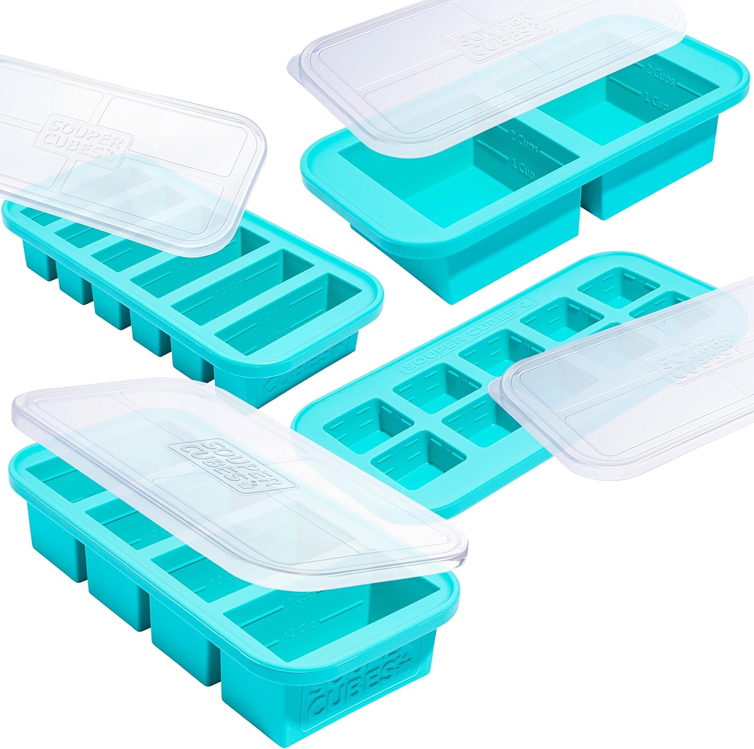 Souper Cubes Silicone Freezer Molds Set - Meal Prep Trays with Lids, 2 Tbsp, 1/2, 1 & 2 Cup - Aqua