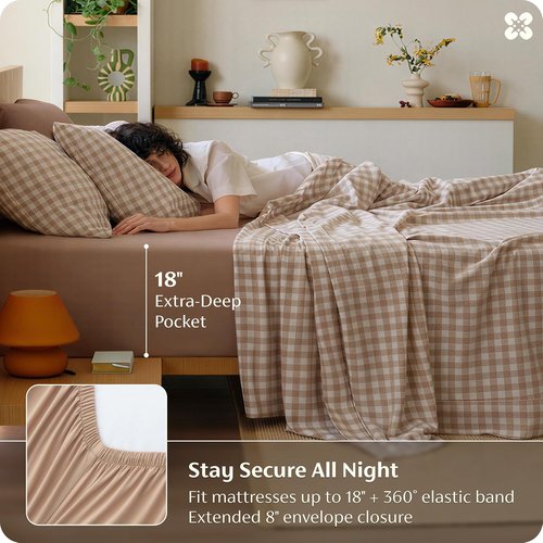Bedsure 100% Washed Cotton Percale Sheets - Soft Gingham Queen Set with 18" Deep Pockets, Breathable Comfort