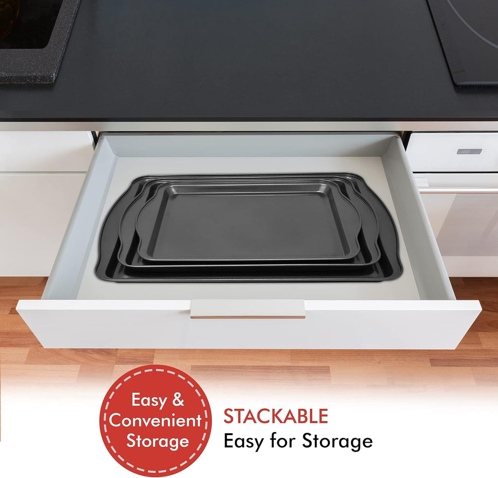 Perlli Non-Stick Baking Sheets - 3-Piece Carbon Steel Set for Cakes & Cookies | BPA-Free, Various Sizes