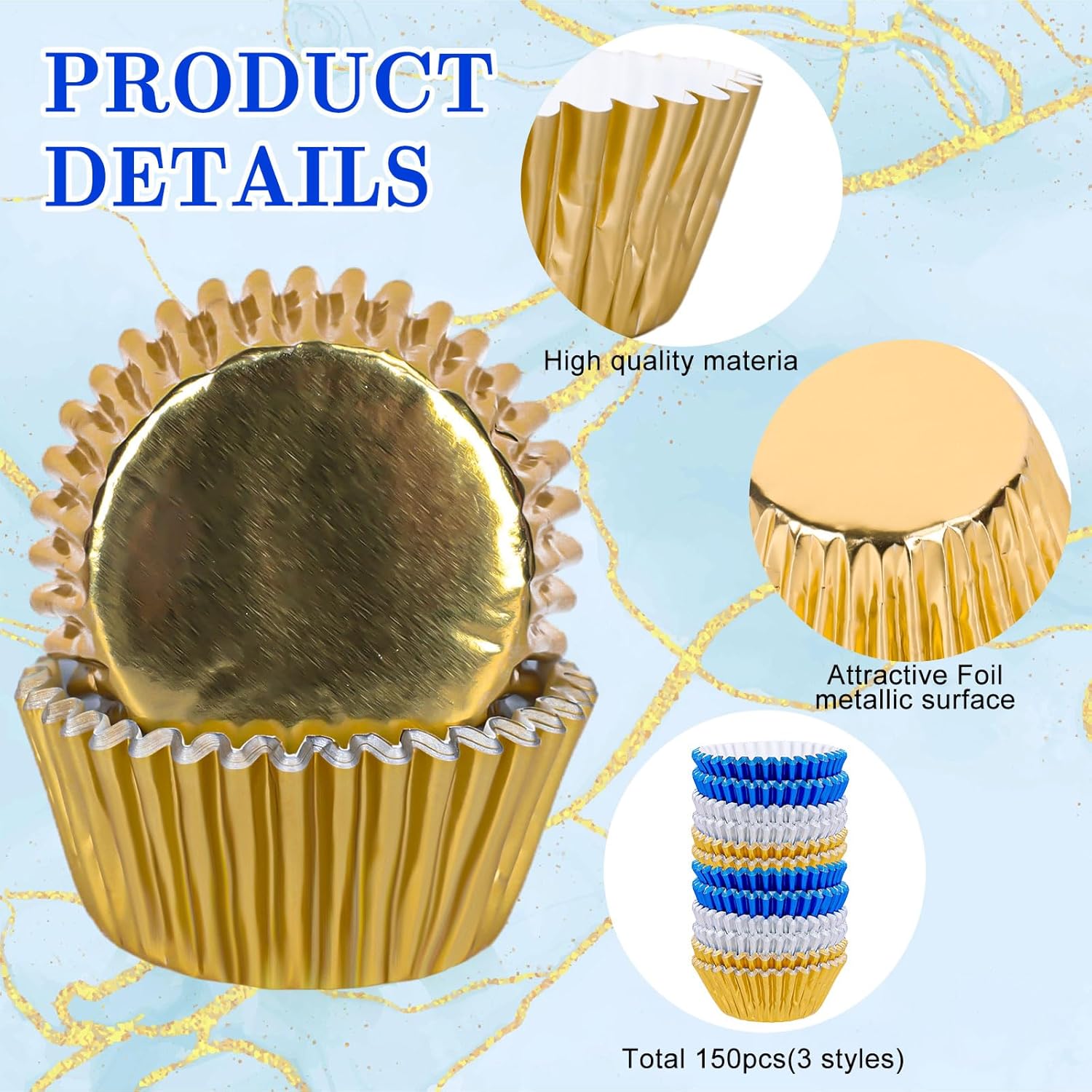 Whaline Graduation Foil Cupcake Liners - 150Pcs Blue Silver Gold Metallic Baking Cups for Parties