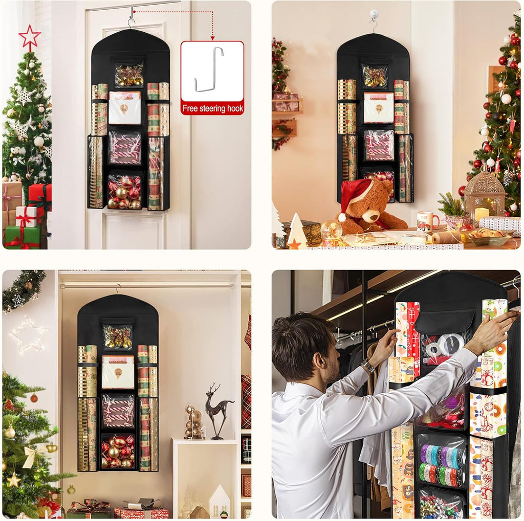 Woodoulogy Gift Wrapping Paper Storage - 40"x17" Black Double-Sided Organizer for Christmas Wrap
