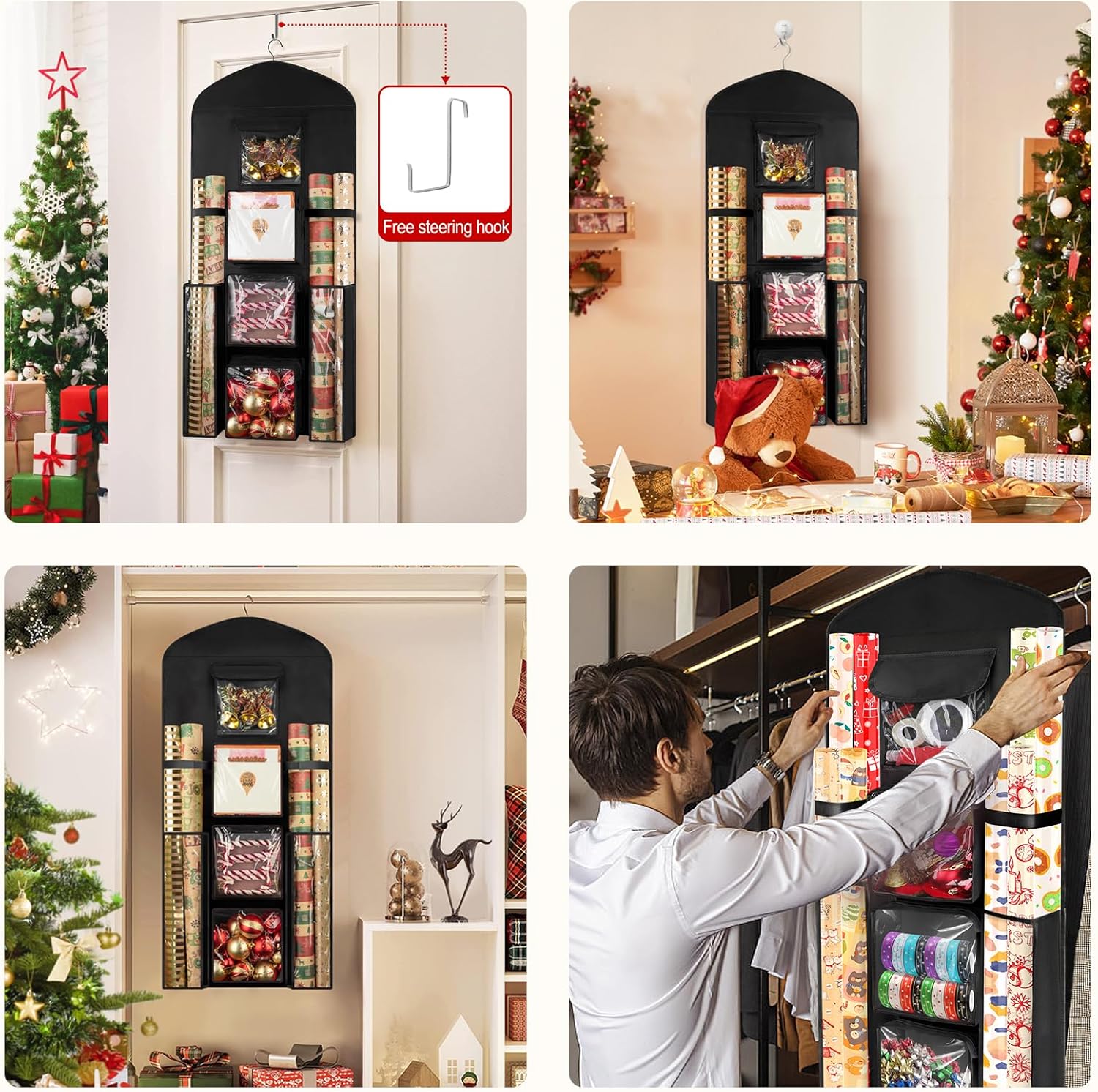 Woodoulogy Gift Wrapping Paper Storage - 40"x17" Black Double-Sided Organizer for Christmas Wrap