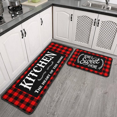 Haretu Framhouse Kitchen Rugs and Mats Set of 2, Black and Red Buffalo Plaid Non-Slip Floor Mat for Home Kitchen Christmas Decor - 17x29 and 17x47 Inch