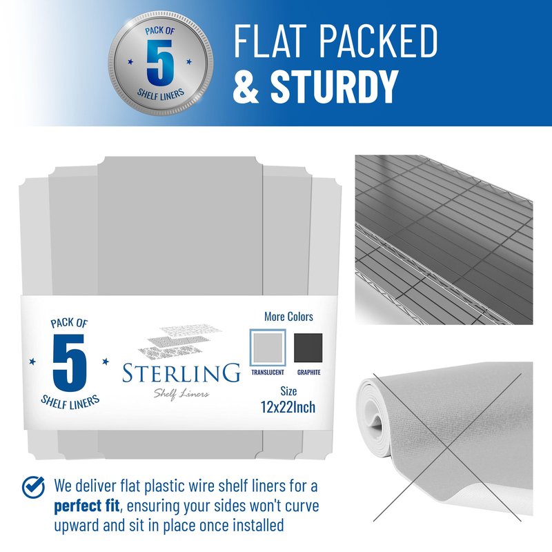 Shelf Liners for Wire Shelf System: Set of 5 in Graphite: 18 x 60 inch: Plastic Wire Shelving Shelf Mats