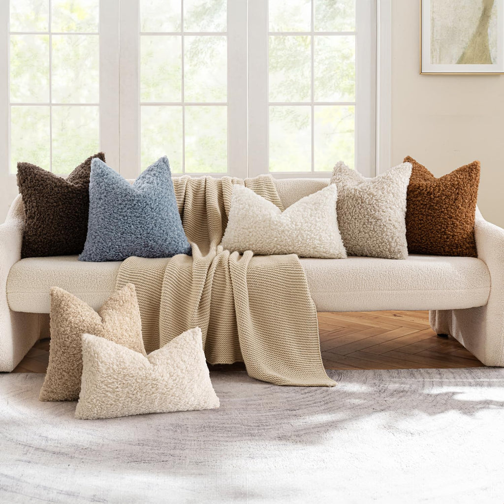 MIULEE Pack of 2 Faux Fur Throw Pillow Covers 18x18 Inch Neutral Light Beige Boucle Decorative Sherpa Pillow Covers Fuzzy Accent Soft Sheepskin Fleece for Boho Home Decor Couch Living Room Bed