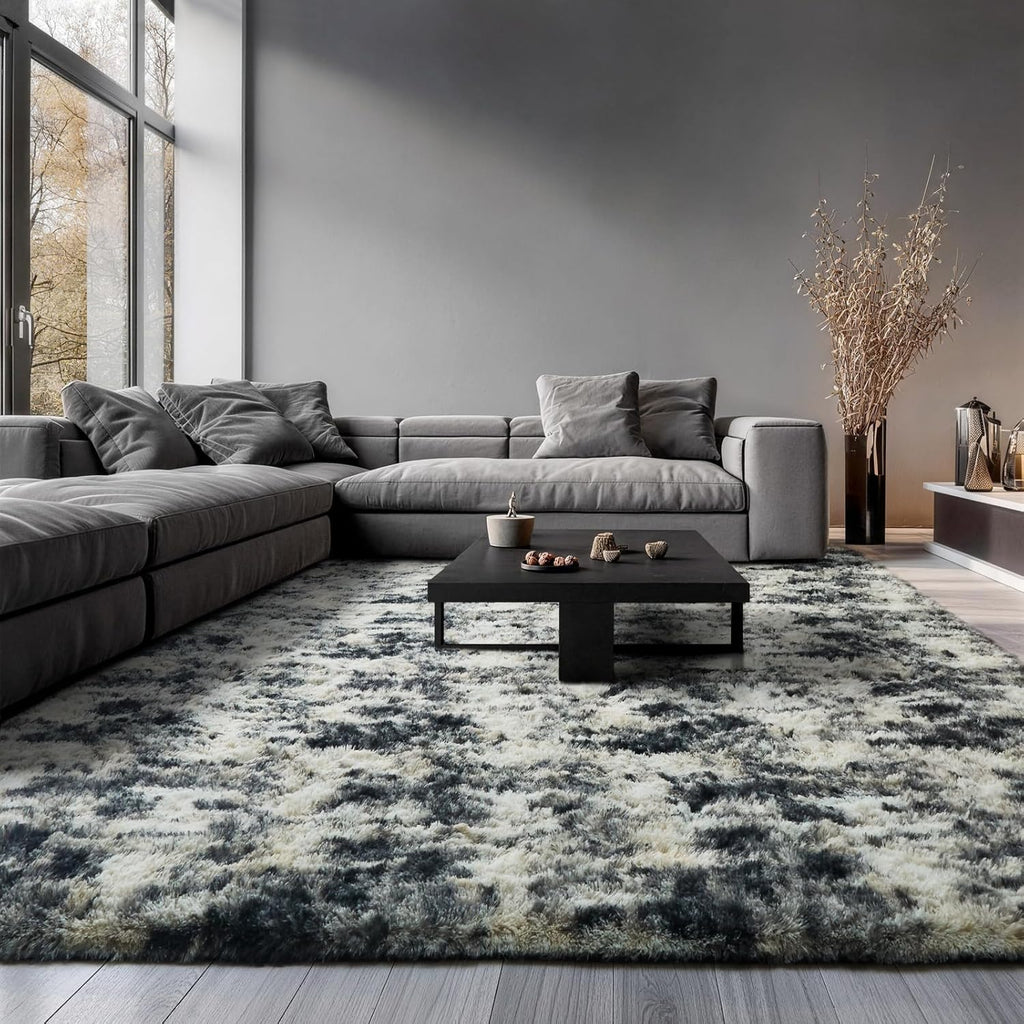 Ophanie Area Rug - Fluffy Black, Gold & Grey Shag Carpet for Living Room | 9x12 Soft Plush Design