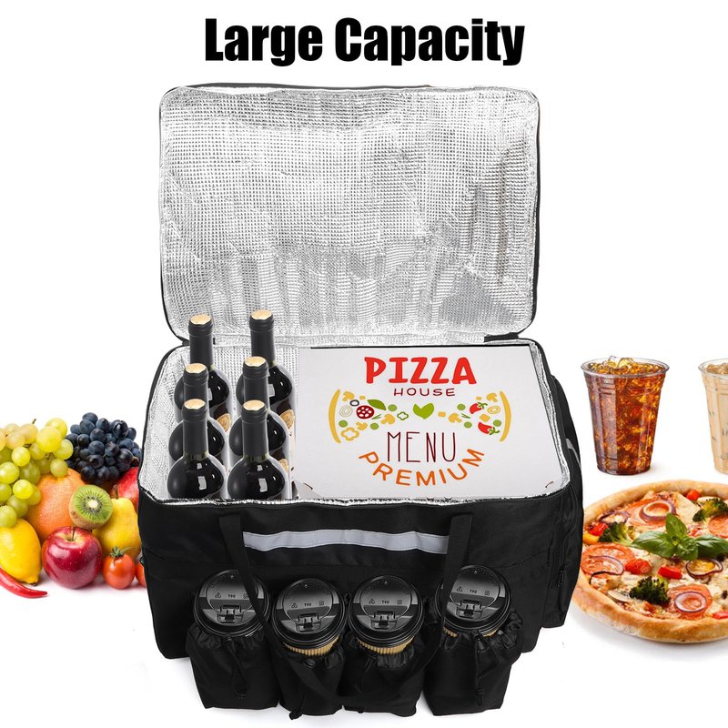 Foraineam Insulated Food Delivery Bag with 4 Cup Holders/Drink Carriers, Large Catering Thermal Bag, Pizza Warmer Carrying Case, Insulated Hot & Cooler Bags for Beverages, Grocery, Food Transport