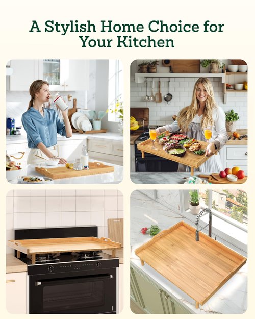 Bamboo Stove Top Cover for Electric Stove & Gas Burners - 29" x 22" Extra Large Noodle Board Stove Cover with Adjustable Legs & Handles - Multi-Use Stove Cover Cutting Board, Sink Cover, RV Accessory