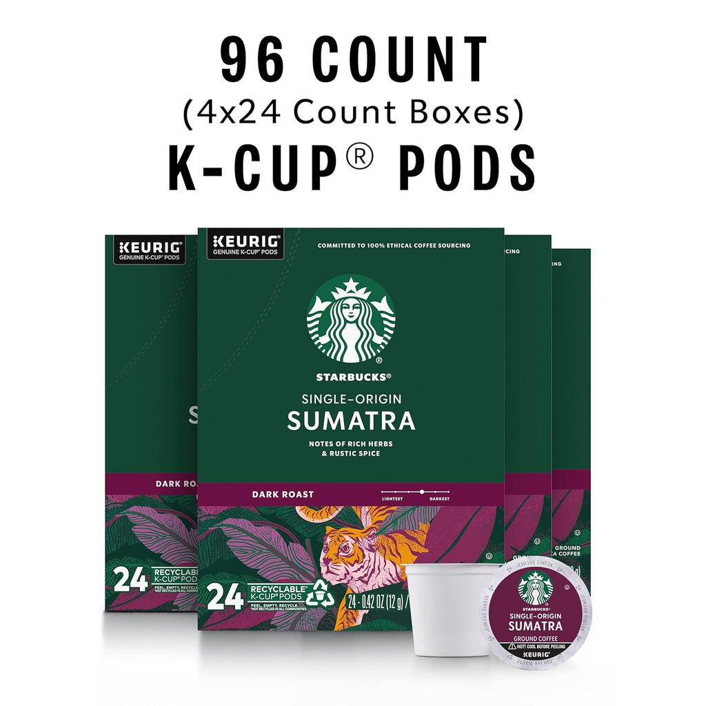 Starbucks K-Cup Coffee Pods - Dark Roast Sumatra, 100% Arabica, 96 Pods (4 Boxes)