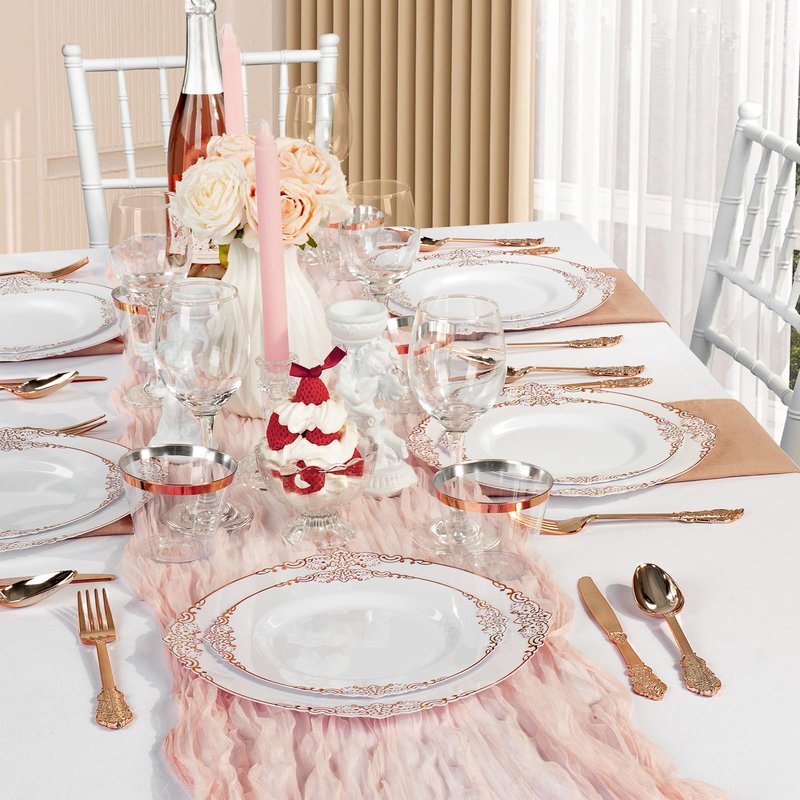 Bestluck 350PCS Rose Gold Plastic Plates for 50 Guests, Disposable Dinnerware Sets Include 100 Rose Gold Rim Plastic Plates, 50 Silverware and Cups, 50 Pre Rolled Napkins for Party, and Graduation