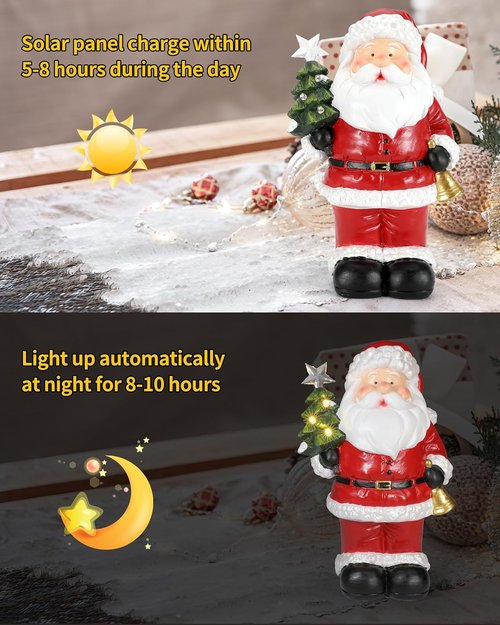 iStatue Santa Claus Decorations - 9.5” Hand-Painted Solar-Powered Christmas Statue for Outdoor Patio Decor