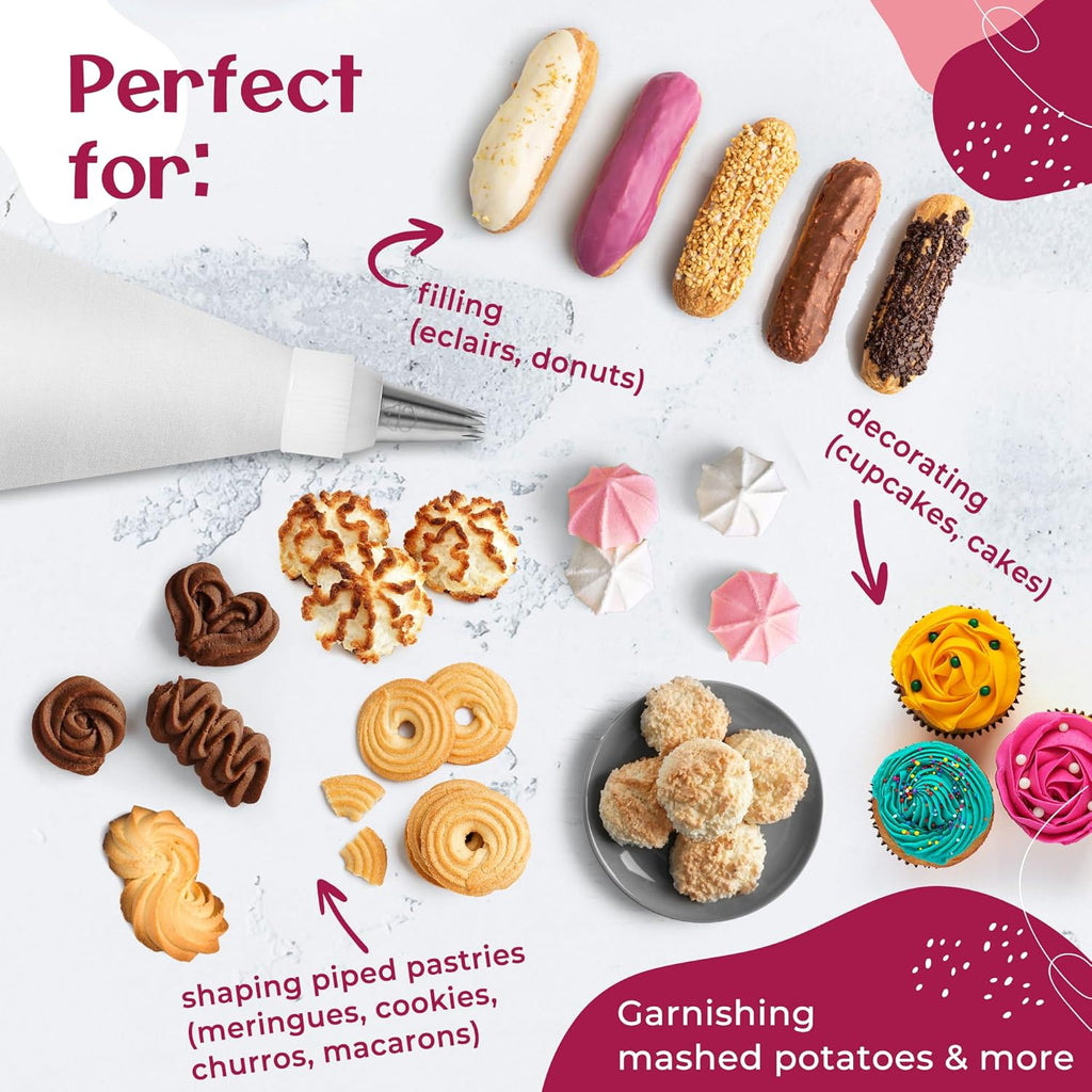 Premium Reusable Piping Bags Set | Cotton Pastry Bag 16" with 8 Large Icing Tips - Dishwasher Safe
