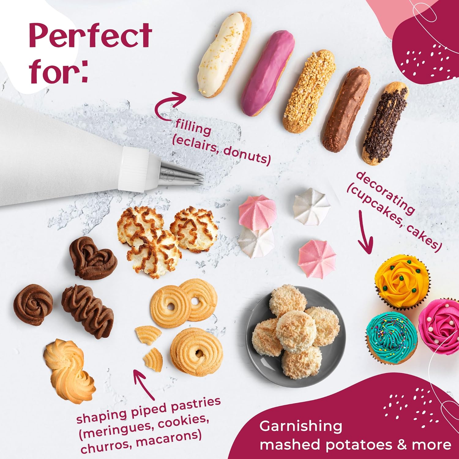 Premium Reusable Piping Bags Set | Cotton Pastry Bag 16" with 8 Large Icing Tips - Dishwasher Safe